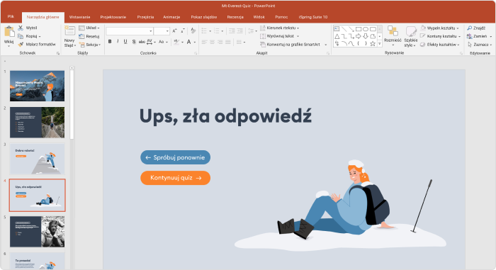 Tworzenie slajdu dla błędnej odpowiedzi w teście PowerPoint