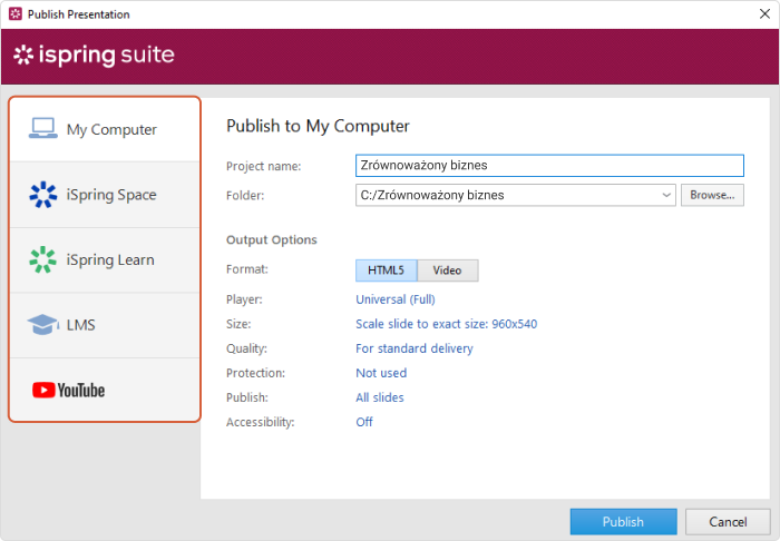 Opcje publikacji iSpring Suite 