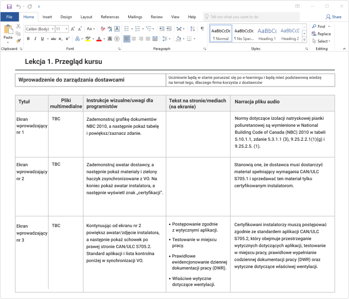 Jak stworzyć kurs online - storyboard w Wordzie
