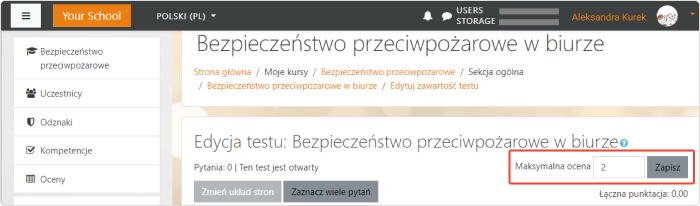 Edycja przykładowego testu w Moodle