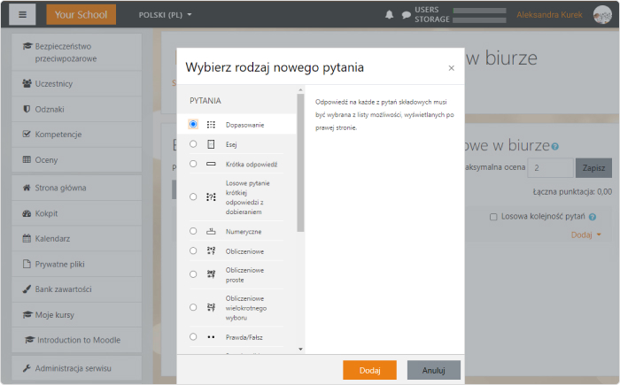 Rodzaje pytań w platformie Moodle Cloud