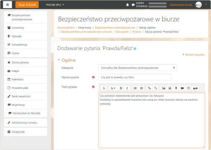 Dodawanie pytania Prawda czy Fałsz w Moodle