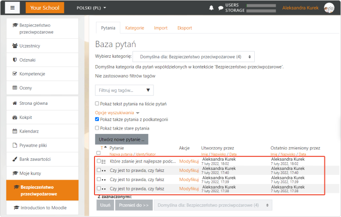 Praca z bazą pytań na platformie Moodle™