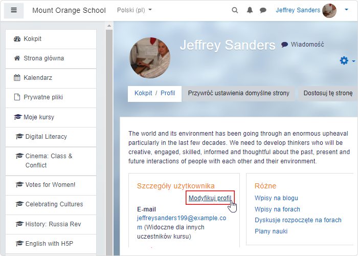 Platforma Moodle™ - edycja profilu nauczyciela