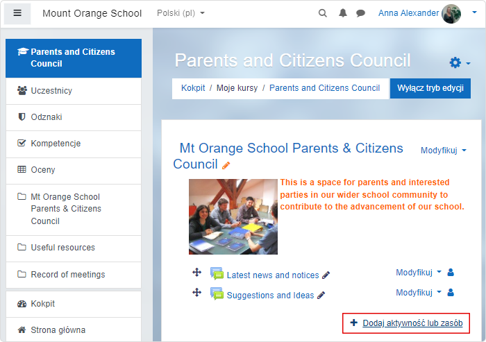 Dodawanie ćwiczenia lub zasobu w Moodle™