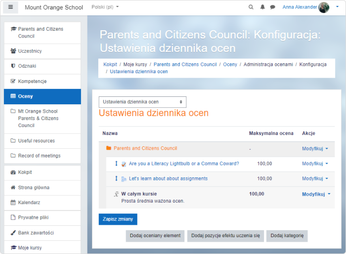 Konfiguracja dziennika z ocenami w Moodle™