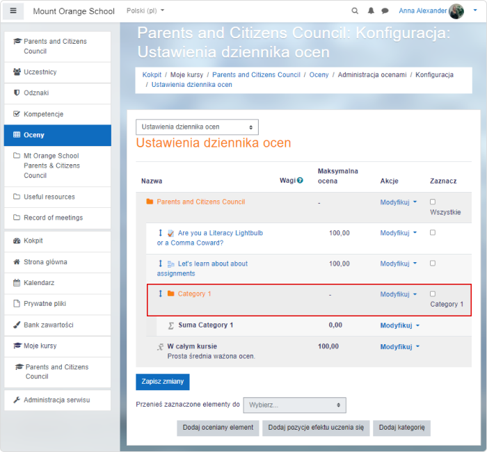 Konfiguracja kategorii dziennika z ocenami w Moodle™