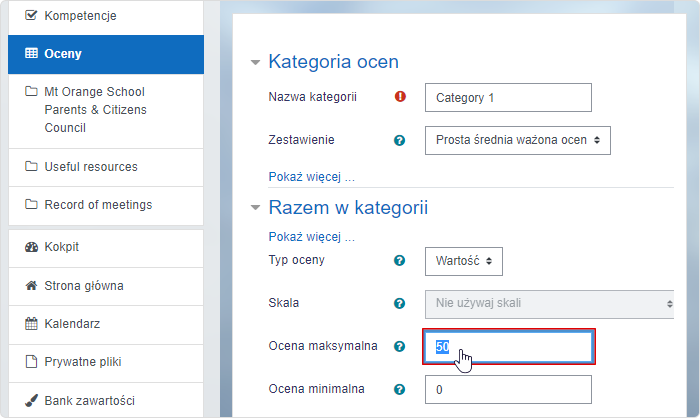 Ustawienie wag kategorii dziennika z ocenami w Moodle™