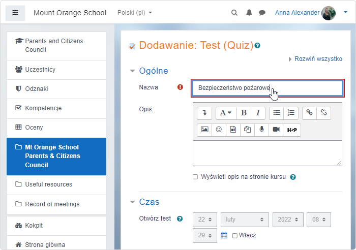 Menu edycji quizu w Moodle™